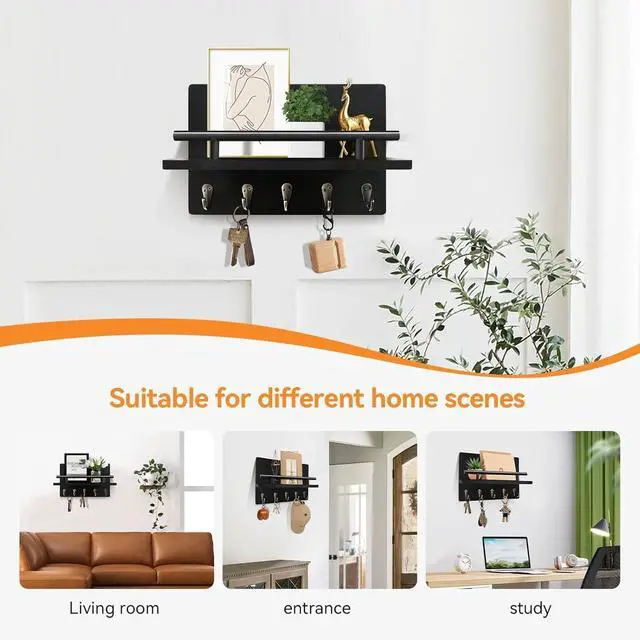 Alt view image 7 of 7 - Key Holder Wall Mount with Shelf & 5 Sturdy Hooks, Rustic | Mail Organizer Hanging Dog Leash, Glasses, Wooden Key Hanger with Mounting Hardware