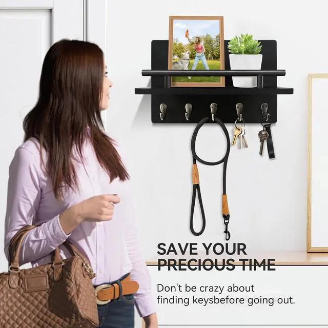 Alt view image 4 of 7 - Key Holder Wall Mount with Shelf & 5 Sturdy Hooks, Rustic | Mail Organizer Hanging Dog Leash, Glasses, Wooden Key Hanger with Mounting Hardware