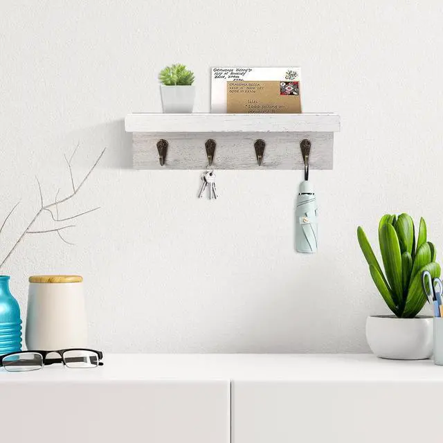 Alt view image 2 of 7 - HRONRAD Rustic Key Holder for Wall, Farmhouse Wall Shelf with 4 Hooks, Wall Mounted Key Racks, Wooden Mail Organizer with Hooks for Entryway (White)