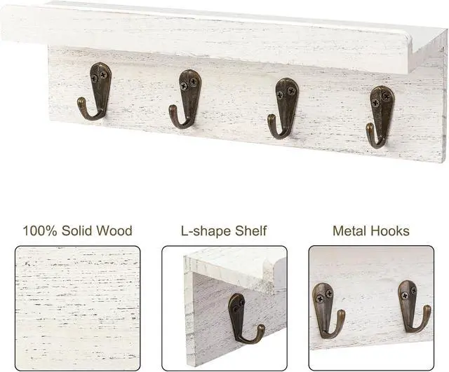 Alt view image 4 of 7 - HRONRAD Rustic Key Holder for Wall, Farmhouse Wall Shelf with 4 Hooks, Wall Mounted Key Racks, Wooden Mail Organizer with Hooks for Entryway (White)
