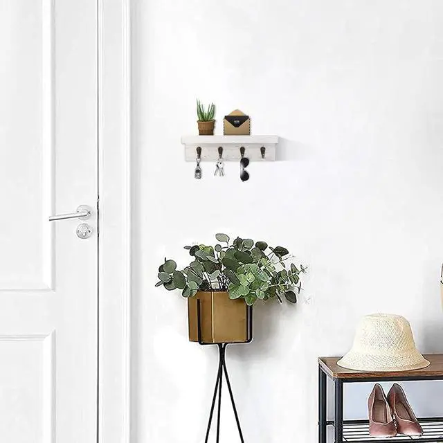 Alt view image 5 of 7 - HRONRAD Rustic Key Holder for Wall, Farmhouse Wall Shelf with 4 Hooks, Wall Mounted Key Racks, Wooden Mail Organizer with Hooks for Entryway (White)