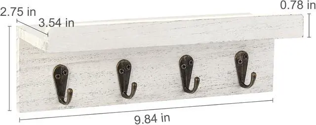 Alt view image 6 of 7 - HRONRAD Rustic Key Holder for Wall, Farmhouse Wall Shelf with 4 Hooks, Wall Mounted Key Racks, Wooden Mail Organizer with Hooks for Entryway (White)