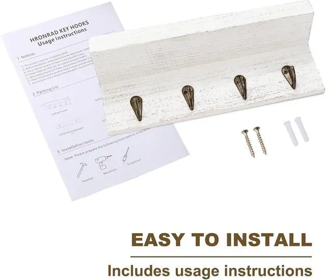 Alt view image 7 of 7 - HRONRAD Rustic Key Holder for Wall, Farmhouse Wall Shelf with 4 Hooks, Wall Mounted Key Racks, Wooden Mail Organizer with Hooks for Entryway (White)