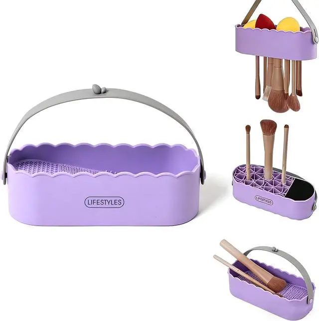 Main image of Makeup Brush Cleaner Mat Upgraded 4 in 1 Silicone Makeup Brush Cleaner Bowl Cosmetic Brushes Cleaning Tool Organizer for Storage and Air Drying (Purple)