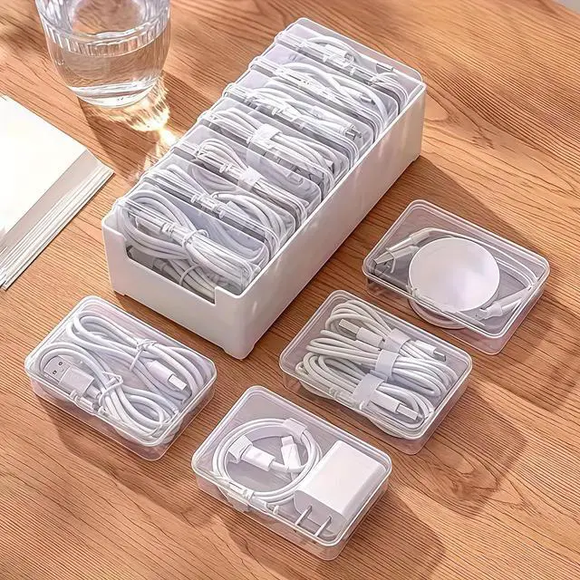 Main image of 7 Grid Clear Cable Organizer Box with Switch for Desktop Cord Storage | Office desktop use, home wire sorting, stationery storage, detachable dividers, tidy cable arrangement
