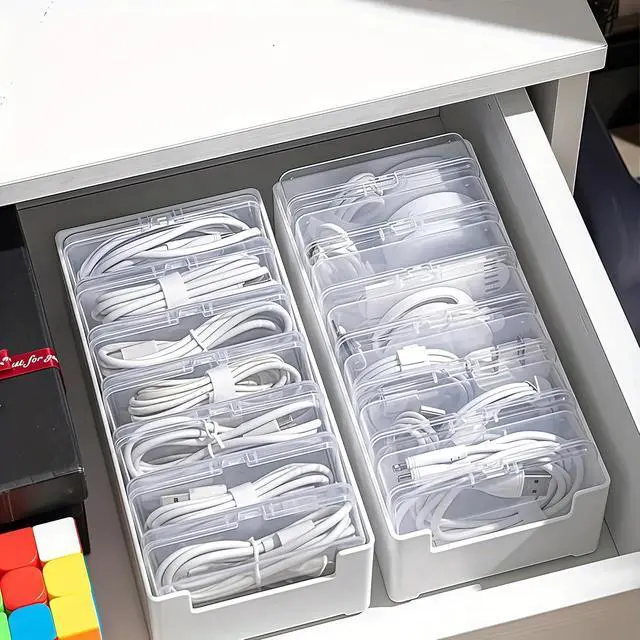 Alt view image 3 of 7 - 7 Grid Clear Cable Organizer Box with Switch for Desktop Cord Storage | Office desktop use, home wire sorting, stationery storage, detachable dividers, tidy cable arrangement