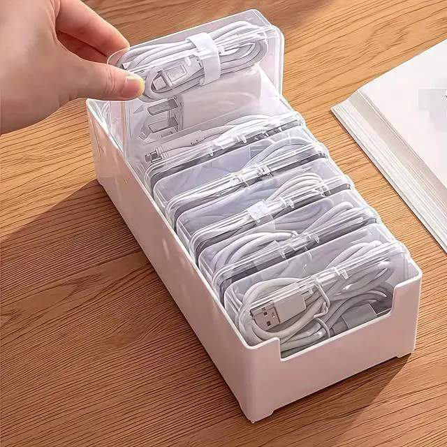 Alt view image 4 of 7 - 7 Grid Clear Cable Organizer Box with Switch for Desktop Cord Storage | Office desktop use, home wire sorting, stationery storage, detachable dividers, tidy cable arrangement