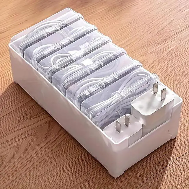 Alt view image 5 of 7 - 7 Grid Clear Cable Organizer Box with Switch for Desktop Cord Storage | Office desktop use, home wire sorting, stationery storage, detachable dividers, tidy cable arrangement