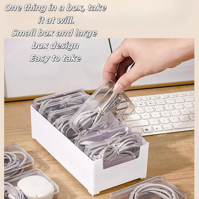 Alt view image 6 of 7 - 7 Grid Clear Cable Organizer Box with Switch for Desktop Cord Storage | Office desktop use, home wire sorting, stationery storage, detachable dividers, tidy cable arrangement