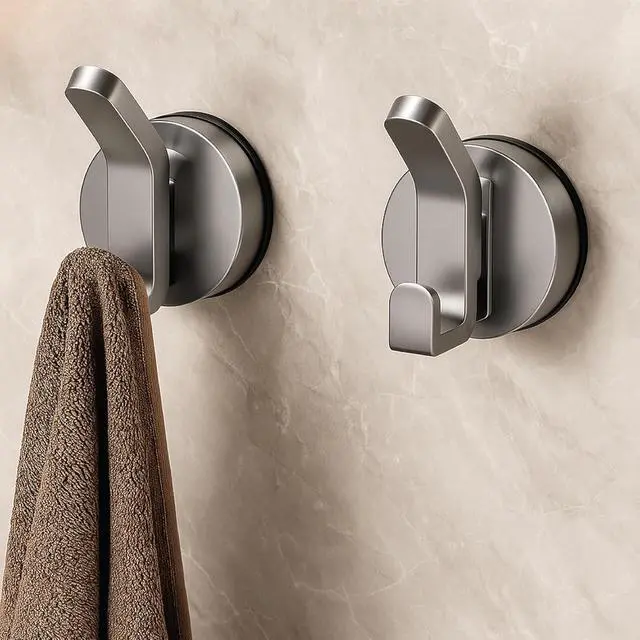Main image of Suction Cup DUAL Hooks for Shower, Bathroom, Kitchen, Outdoor, Office, Home, Glass, Tile. Reusable, ABS Plastic, Rustproof, No Drill. Hang Towel, Robe, Loofah, Sponge, Coat (2, Gray)