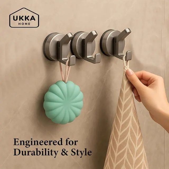 Alt view image 5 of 7 - Suction Cup DUAL Hooks for Shower, Bathroom, Kitchen, Outdoor, Office, Home, Glass, Tile. Reusable, ABS Plastic, Rustproof, No Drill. Hang Towel, Robe, Loofah, Sponge, Coat (2, Gray)