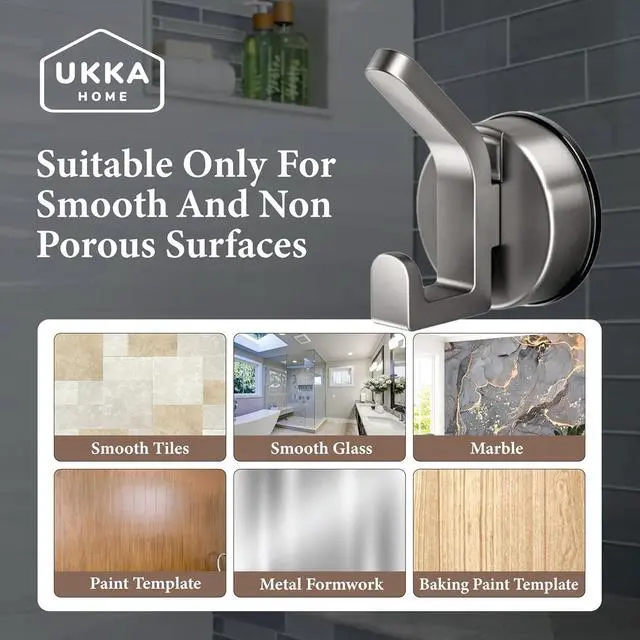 Alt view image 4 of 7 - Suction Cup DUAL Hooks for Shower, Bathroom, Kitchen, Outdoor, Office, Home, Glass, Tile. Reusable, ABS Plastic, Rustproof, No Drill. Hang Towel, Robe, Loofah, Sponge, Coat (2, Gray)