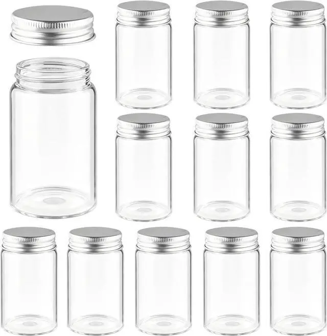 Main image of Cositina 12 Pack 95ml/3.2oz Glass Bottle Empty Transparent Sealed Jars with Aluminium Silver Screw Cap for Home Kitchen Storage Outdoor Garden Party Arts Crafts Decoration
