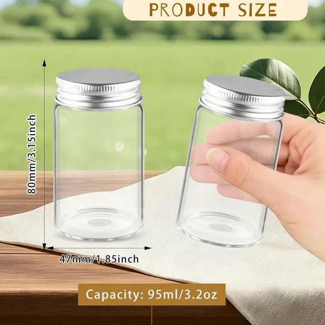 Alt view image 2 of 6 - Cositina 12 Pack 95ml/3.2oz Glass Bottle Empty Transparent Sealed Jars with Aluminium Silver Screw Cap for Home Kitchen Storage Outdoor Garden Party Arts Crafts Decoration