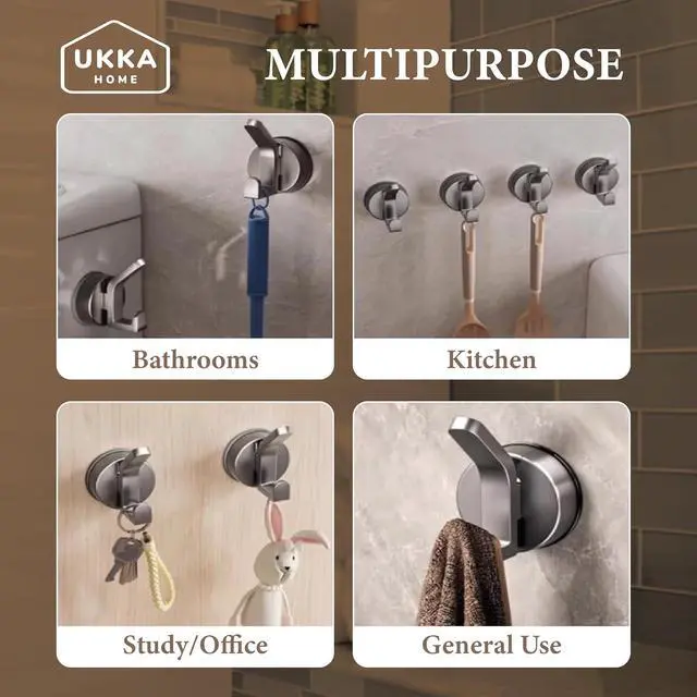 Alt view image 7 of 7 - Suction Cup DUAL Hooks for Shower, Bathroom, Kitchen, Outdoor, Office, Home, Glass, Tile. Reusable, ABS Plastic, Rustproof, No Drill. Hang Towel, Robe, Loofah, Sponge, Coat (2, Gray)