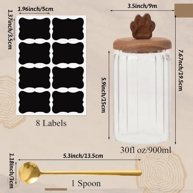 Alt view image 2 of 7 - Glass Coffee Canister - 30 Oz Airtight Ribbed Glass Storage Jars with Paw Shaped Wood Lids Gold Spoon Label Stickers, for Kitchen Countertop Bar Food Beans Sugar Oats Nuts Container