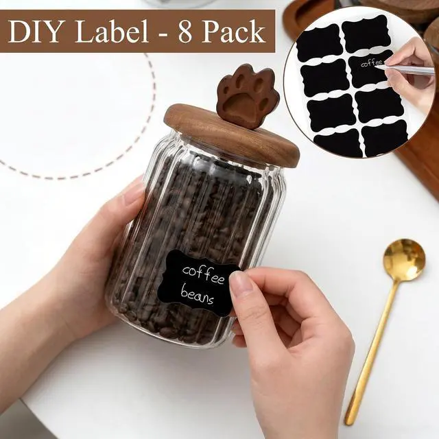 Alt view image 4 of 7 - Glass Coffee Canister - 30 Oz Airtight Ribbed Glass Storage Jars with Paw Shaped Wood Lids Gold Spoon Label Stickers, for Kitchen Countertop Bar Food Beans Sugar Oats Nuts Container