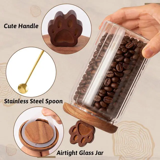 Alt view image 3 of 7 - Glass Coffee Canister - 30 Oz Airtight Ribbed Glass Storage Jars with Paw Shaped Wood Lids Gold Spoon Label Stickers, for Kitchen Countertop Bar Food Beans Sugar Oats Nuts Container