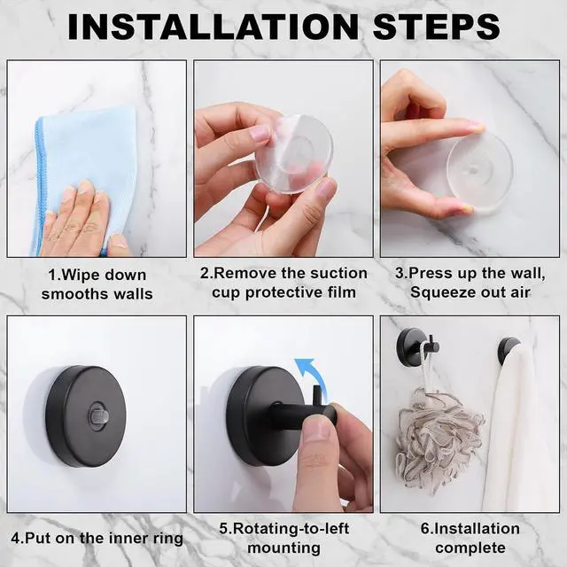 Alt view image 5 of 7 - Suction Cup Hooks for Shower, 4 Pack Black Stainless Steel Suction Hooks | Removable Reusable, Bathroom Towel Hooks Holders, No-Drill Suction Vacuum Hooks Hangers For Towels, Loofahs, Robes And Rv Use