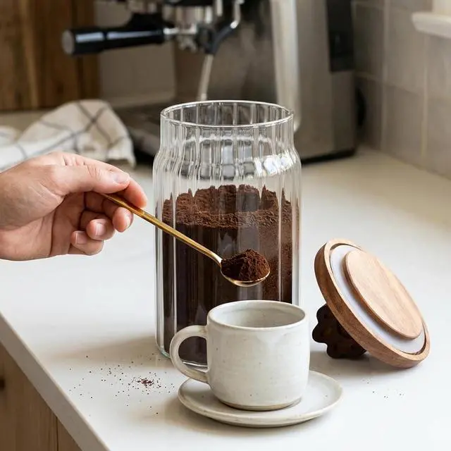 Alt view image 5 of 7 - Glass Coffee Canister - 30 Oz Airtight Ribbed Glass Storage Jars with Paw Shaped Wood Lids Gold Spoon Label Stickers, for Kitchen Countertop Bar Food Beans Sugar Oats Nuts Container