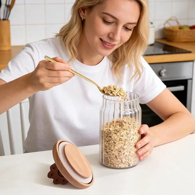 Alt view image 7 of 7 - Glass Coffee Canister - 30 Oz Airtight Ribbed Glass Storage Jars with Paw Shaped Wood Lids Gold Spoon Label Stickers, for Kitchen Countertop Bar Food Beans Sugar Oats Nuts Container