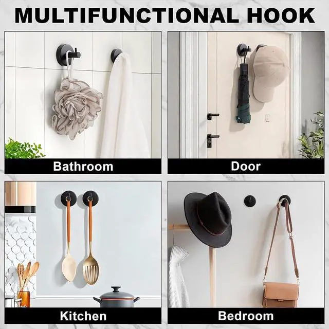 Alt view image 7 of 7 - Suction Cup Hooks for Shower, 4 Pack Black Stainless Steel Suction Hooks | Removable Reusable, Bathroom Towel Hooks Holders, No-Drill Suction Vacuum Hooks Hangers For Towels, Loofahs, Robes And Rv Use