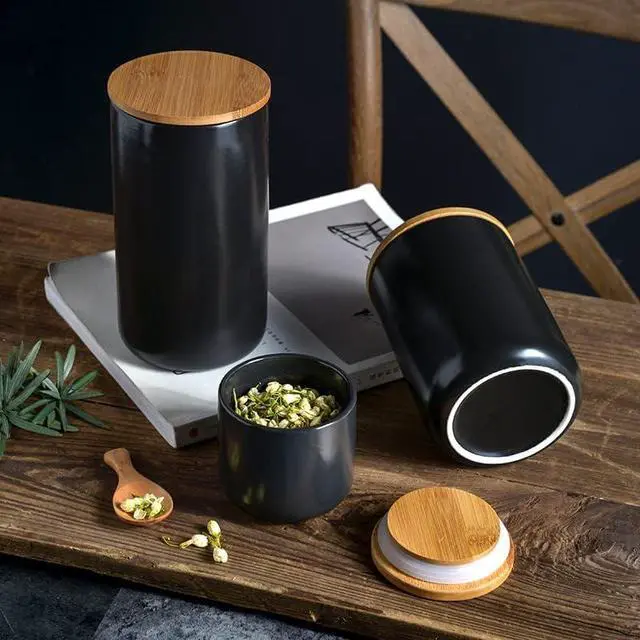 Alt view image 3 of 7 - Simcat Small Ceramic Food Storage Jar with Bamboo Lid, Black | Black Canister Jar, Airtight Seal Bamboo Cover, for Loose Tea, Coffee, Spices, Sugar, Snacks, 7oz/200ml Capacity