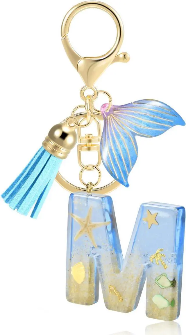 Main image of Initial letter Keychains for Women, Ocean Series Avowing Protect Earth Environment, Tassel Cute Car Keychain Initial Key Chain Keyring for Bookbag Handbag Backpack Charm Key Ring Unisex (Letter M)