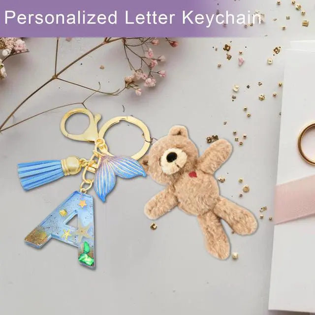 Alt view image 3 of 6 - Initial letter Keychains for Women, Ocean Series Avowing Protect Earth Environment, Tassel Cute Car Keychain Initial Key Chain Keyring for Bookbag Handbag Backpack Charm Key Ring Unisex (Letter M)