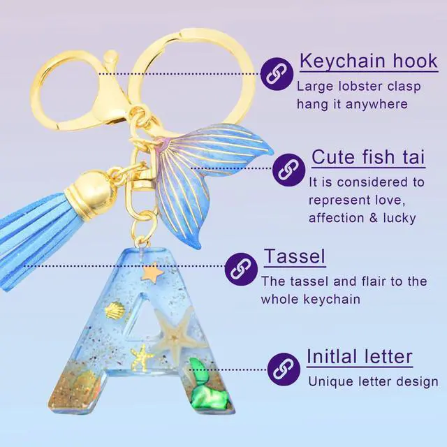 Alt view image 4 of 6 - Initial letter Keychains for Women, Ocean Series Avowing Protect Earth Environment, Tassel Cute Car Keychain Initial Key Chain Keyring for Bookbag Handbag Backpack Charm Key Ring Unisex (Letter M)