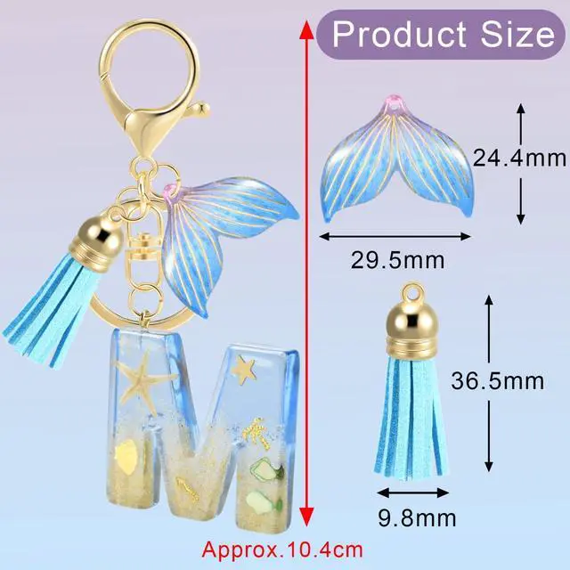 Alt view image 2 of 6 - Initial letter Keychains for Women, Ocean Series Avowing Protect Earth Environment, Tassel Cute Car Keychain Initial Key Chain Keyring for Bookbag Handbag Backpack Charm Key Ring Unisex (Letter M)