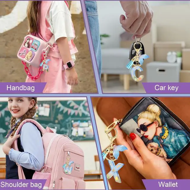 Alt view image 5 of 6 - Initial letter Keychains for Women, Ocean Series Avowing Protect Earth Environment, Tassel Cute Car Keychain Initial Key Chain Keyring for Bookbag Handbag Backpack Charm Key Ring Unisex (Letter M)