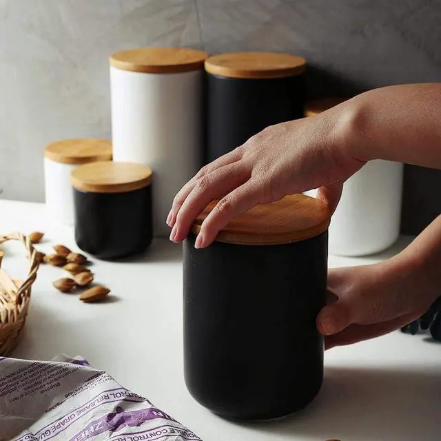 Alt view image 6 of 7 - Simcat Small Ceramic Food Storage Jar with Bamboo Lid, Black | Black Canister Jar, Airtight Seal Bamboo Cover, for Loose Tea, Coffee, Spices, Sugar, Snacks, 7oz/200ml Capacity