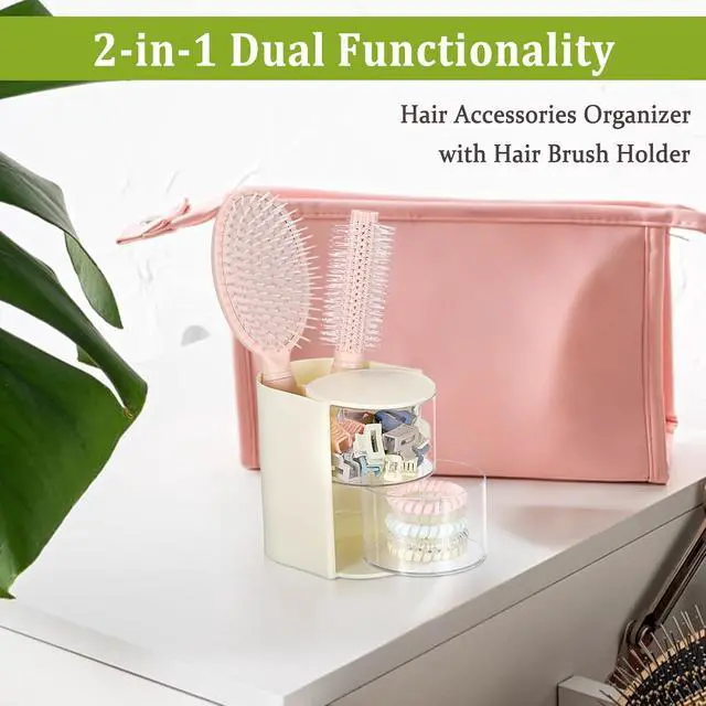 Alt view image 2 of 7 - Rotating Hair Accessories Organizer with Comb Holder,2-Layer,Beige | Rotating Hair Tie Organizer for Clips, Bows, Makeup Brushes & Sponges, Clear Desktop Storage for Bathroom