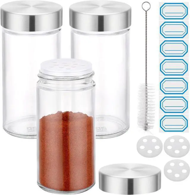 Main image of Segarty 3oz Spice Jar with Stainless Steel Shaker Lids, 3 Pack 90ml Round Spices Jars for Salt and Pepper Storage, Small Glass Seasoning Container Set, Empty Spice Shakers with 7 Stickers and 1 Brush