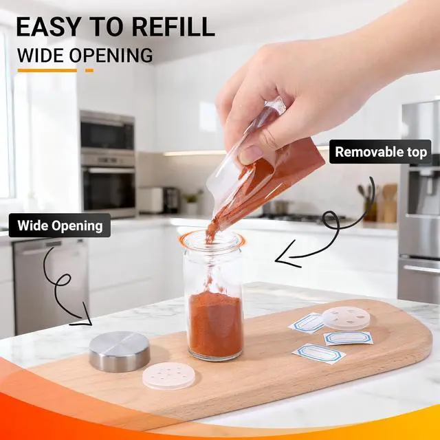 Alt view image 3 of 7 - Segarty 3oz Spice Jar with Stainless Steel Shaker Lids, 3 Pack 90ml Round Spices Jars for Salt and Pepper Storage, Small Glass Seasoning Container Set, Empty Spice Shakers with 7 Stickers and 1 Brush