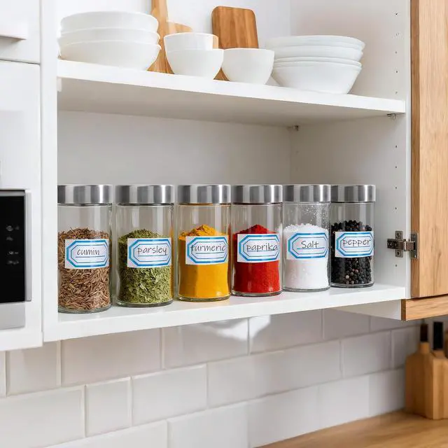 Alt view image 6 of 7 - Segarty 3oz Spice Jar with Stainless Steel Shaker Lids, 3 Pack 90ml Round Spices Jars for Salt and Pepper Storage, Small Glass Seasoning Container Set, Empty Spice Shakers with 7 Stickers and 1 Brush