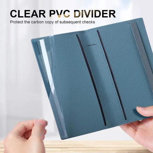 Alt view image 3 of 7 - CASMONAL Checkbook Cover for Women and Men, Check Book Holder for Personal | PU Leather with Elastic Band, Transparent PVC Divider for Duplicate Checks, RFID Blocking