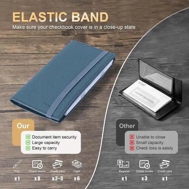 Alt view image 4 of 7 - CASMONAL Checkbook Cover for Women and Men, Check Book Holder for Personal | PU Leather with Elastic Band, Transparent PVC Divider for Duplicate Checks, RFID Blocking