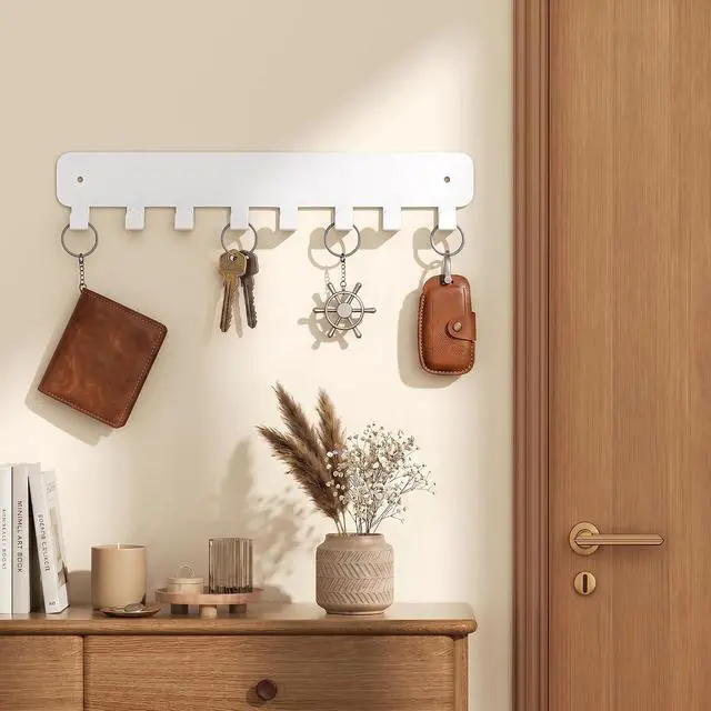 Alt view image 2 of 7 - pickpiff Key Holder Wall Mount, Adhesive Key Rack with 8 Hooks Hanger for Car Key Ring, Metal Key Chain Organizer, White 1 Pack
