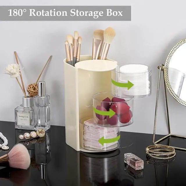 Alt view image 4 of 7 - Rotating Hair Accessories Organizer with Comb Holder,2-Layer,Beige | Rotating Hair Tie Organizer for Clips, Bows, Makeup Brushes & Sponges, Clear Desktop Storage for Bathroom