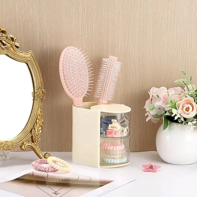 Alt view image 7 of 7 - Rotating Hair Accessories Organizer with Comb Holder,2-Layer,Beige | Rotating Hair Tie Organizer for Clips, Bows, Makeup Brushes & Sponges, Clear Desktop Storage for Bathroom