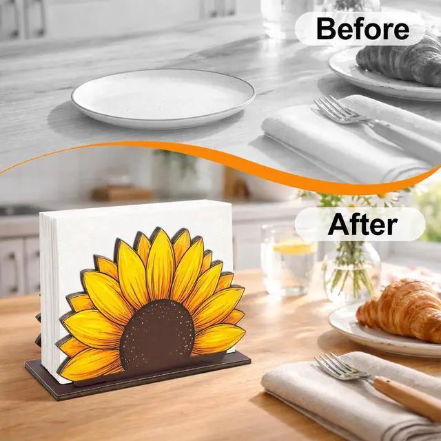 Alt view image 3 of 7 - Rustic Sunflower Wooden Napkin Holder for Table, Sunflower Cottagecore Wood Napkin Holder for Farmhouse Kitchen Dining Room Decor Napkins Tissue Dispenser