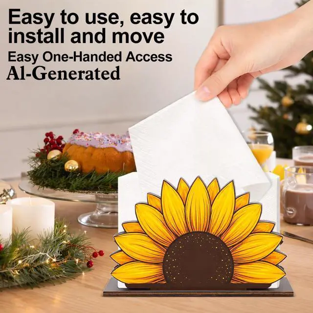Alt view image 4 of 7 - Rustic Sunflower Wooden Napkin Holder for Table, Sunflower Cottagecore Wood Napkin Holder for Farmhouse Kitchen Dining Room Decor Napkins Tissue Dispenser