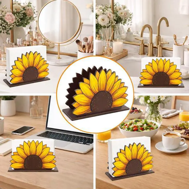 Alt view image 6 of 7 - Rustic Sunflower Wooden Napkin Holder for Table, Sunflower Cottagecore Wood Napkin Holder for Farmhouse Kitchen Dining Room Decor Napkins Tissue Dispenser