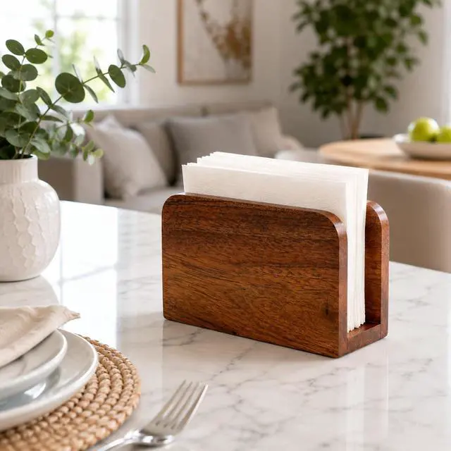 Alt view image 6 of 7 - Napkin Holder for Table, Acacia Wood, Wooden Stand for Square Paper Napkins | Upright Design, Napkin Organizer for Kitchen, Dining Table, Cafe & Restaurant