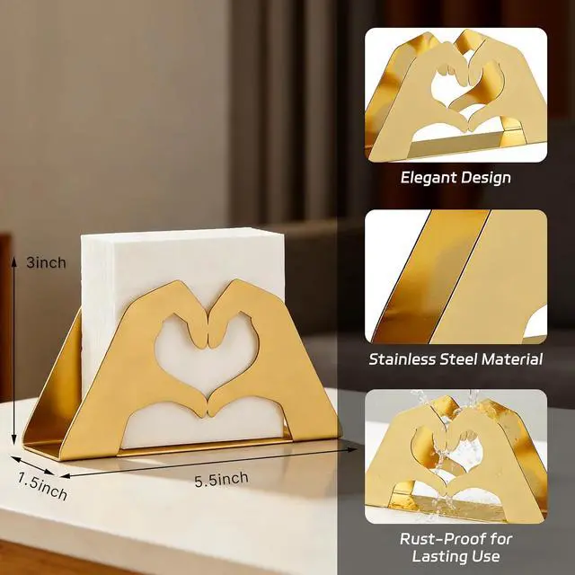 Alt view image 2 of 7 - Love Heart Napkin Holder, Gold Metal Napkin Holder for Table | Rust-resistant metal, 5.5×1.5×3 inch size, holds napkins, letters and invitations for kitchen, dining table and wedding decor