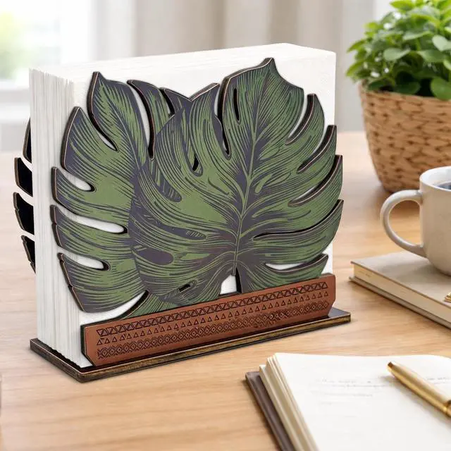 Alt view image 3 of 6 - Wooden Napkin Holder Leaves Design Cute Sage Green Monstera Leaf Wood Napkin Holder for Table Paper Napkins Farmhouse Kitchen Dining Restaurant Tissue Dispenser