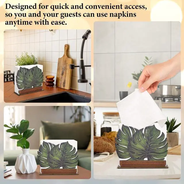 Alt view image 5 of 6 - Wooden Napkin Holder Leaves Design Cute Sage Green Monstera Leaf Wood Napkin Holder for Table Paper Napkins Farmhouse Kitchen Dining Restaurant Tissue Dispenser