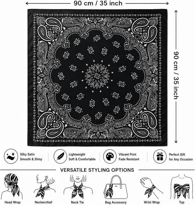 Alt view image 2 of 7 - 35 Inches Floral Head Scarf for Women Classic Lightweight Paisley Bandana | Western Paisley Print Square Scarf, Classic Paisley Bandana, Purse Scarf Accessory, Streetwear Head Cover